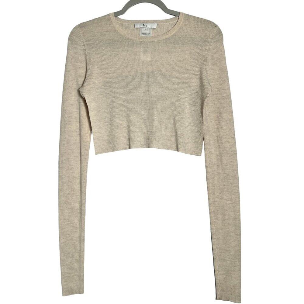 TIBI Merino Wool Cropped Sweater Womens M Cream Beige High Low Crew Neck